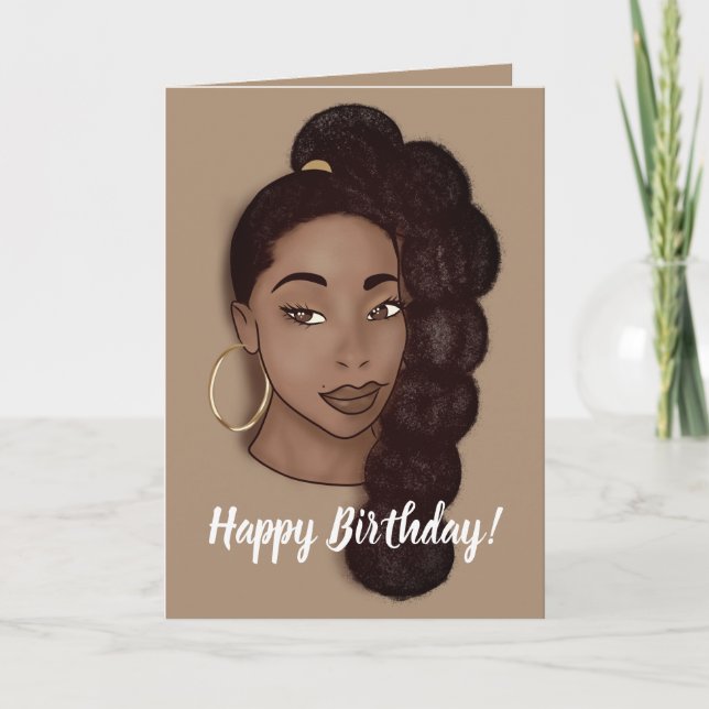 Carte Joyeux Anniversaire, Femme noire avec long Ponytai (Devant)