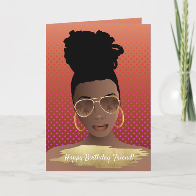 Carte Joyeux anniversaire ! Femme noire avec nuances or (Devant)