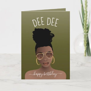 Carte Joyeux anniversaire, femme noire avec Shades Olive