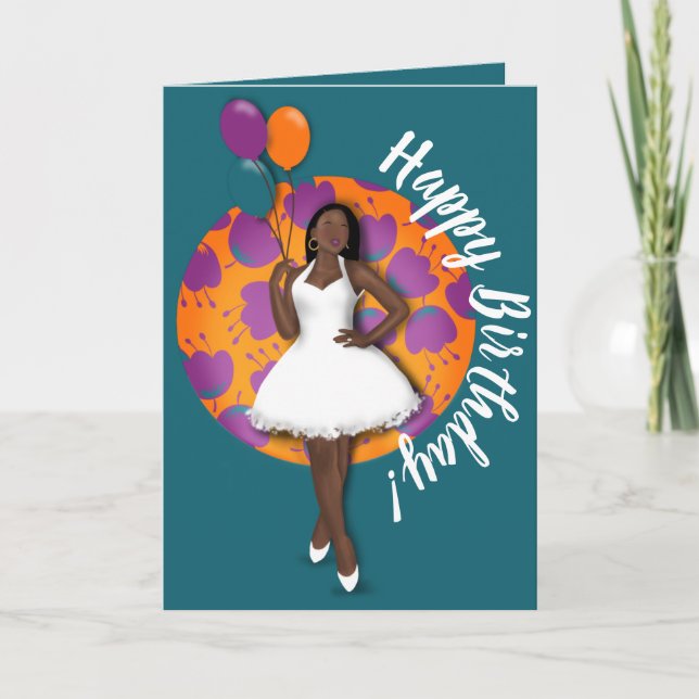 Carte Joyeux anniversaire ! Femme noire, Ballons & Fleur (Devant)