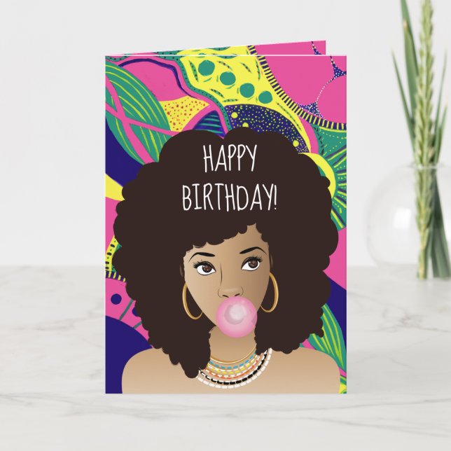 Carte Joyeux anniversaire ! Femme noire, Bubblegum, Colo (Devant)