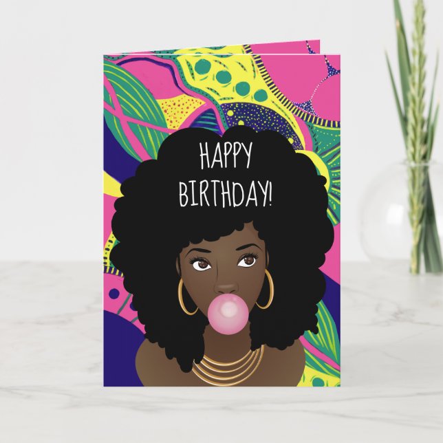 Carte Joyeux anniversaire ! Femme noire, Bubblegum, Colo (Devant)