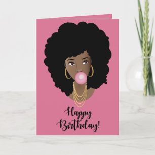 Carte Joyeux anniversaire ! Femme noire, gomme rose