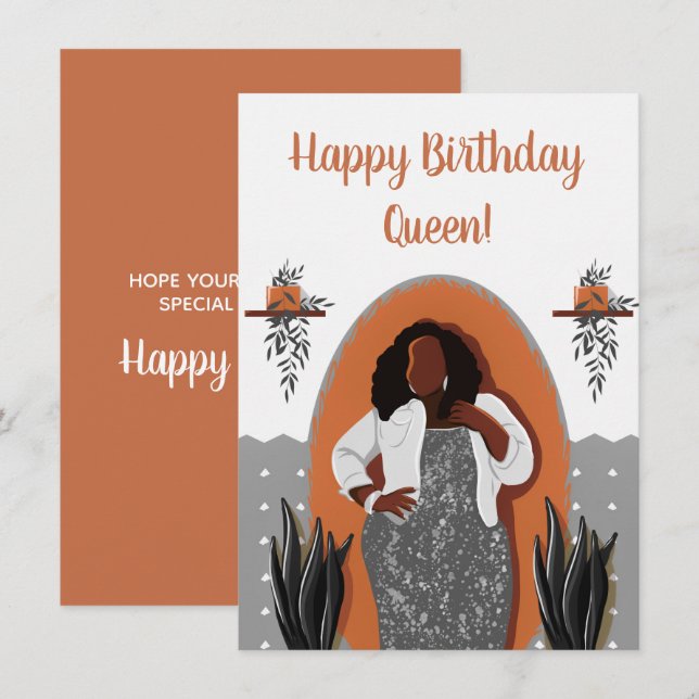 Carte Joyeux Anniversaire, Femme noire, Houseplants BW O (Devant / Derrière)