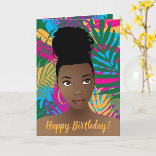 Carte Joyeux anniversaire ! Femme noire, Tropical coloré