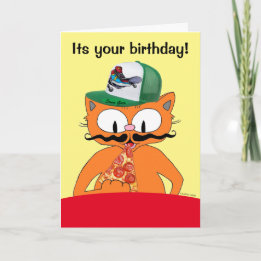 Carte Joyeux Anniversaire Fête Pizza Dessin Animé Chat D