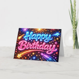 Carte Joyeux Anniversaire Feux d'Artifice et Étoiles Néo