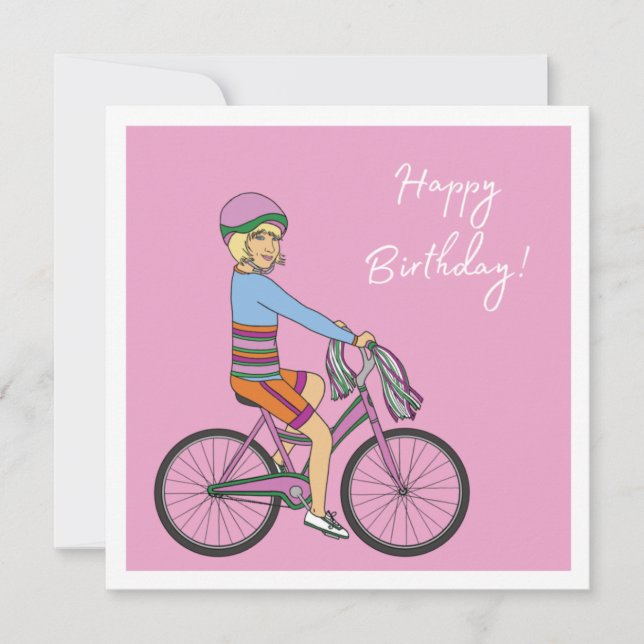 Carte Joyeux anniversaire - Fille en Vélo rose (Devant)