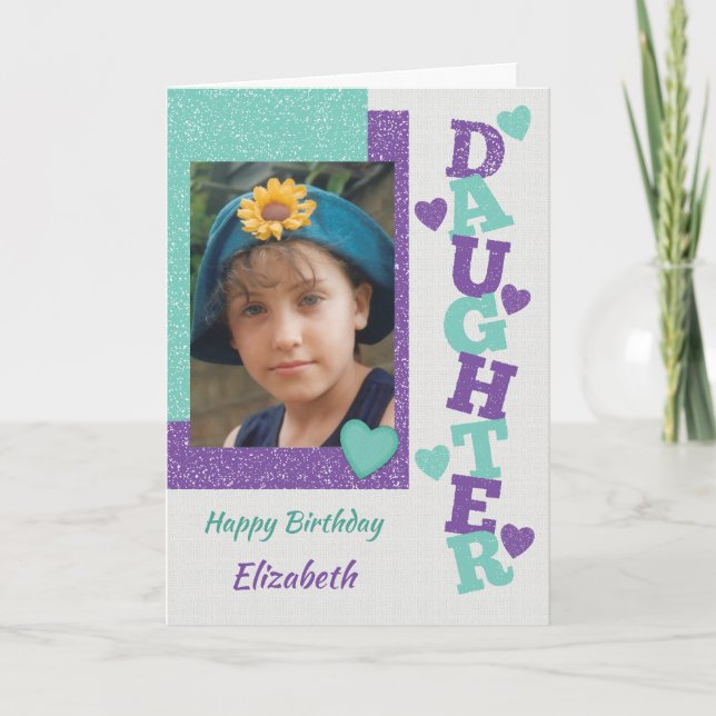 Carte Joyeux anniversaire fille violet et vert photo (Devant)