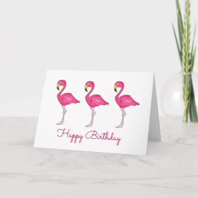 Carte Joyeux anniversaire Flamant rose rose Ile tropical (Devant)