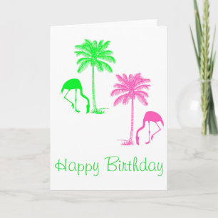 Carte Joyeux Anniversaire Flamants Palmiers Rose Vert