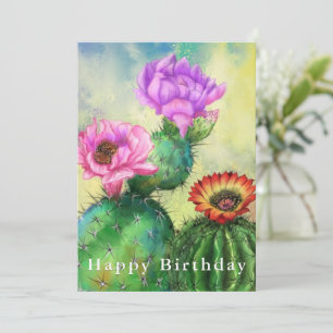 Carte Joyeux anniversaire - Fleurs de cactus rouges viol