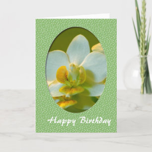 Carte Joyeux anniversaire, fleurs d'orchidées blanches e