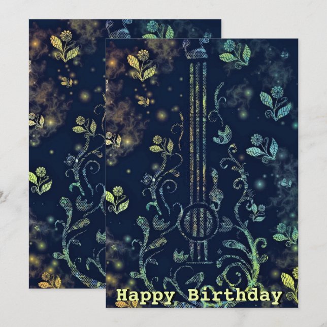 Carte Joyeux anniversaire - Fleurs Guitare Art (Devant / Derrière)