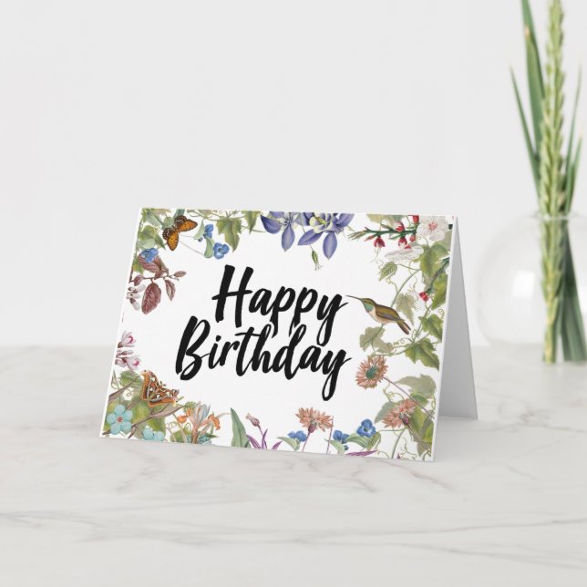 Carte Joyeux anniversaire Fleurs Vintages Hummingbird &  (Devant)