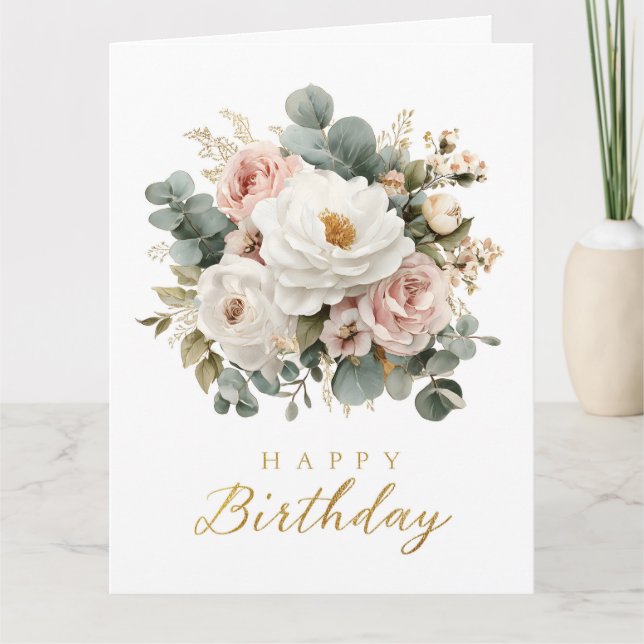 Carte "Joyeux Anniversaire" Floral Élégant (Devant)