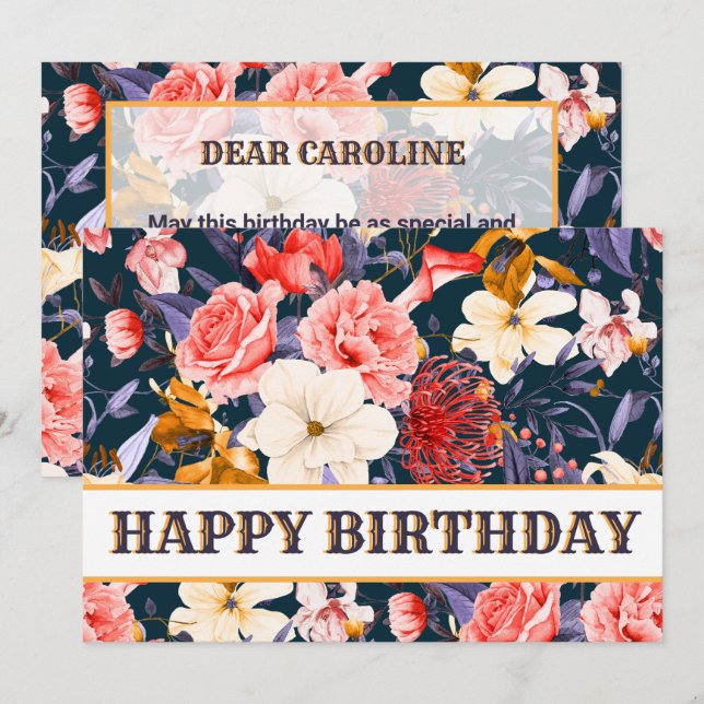 Carte Joyeux anniversaire floral sophistiqué (Devant / Derrière)