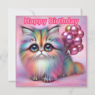 Carte ~ JOYEUX ANNIVERSAIRE ~ Fluffy Cat ~ Ongles métall