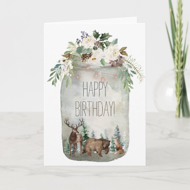 Carte Joyeux Anniversaire Forêt Florale de Mason Jar (Devant)