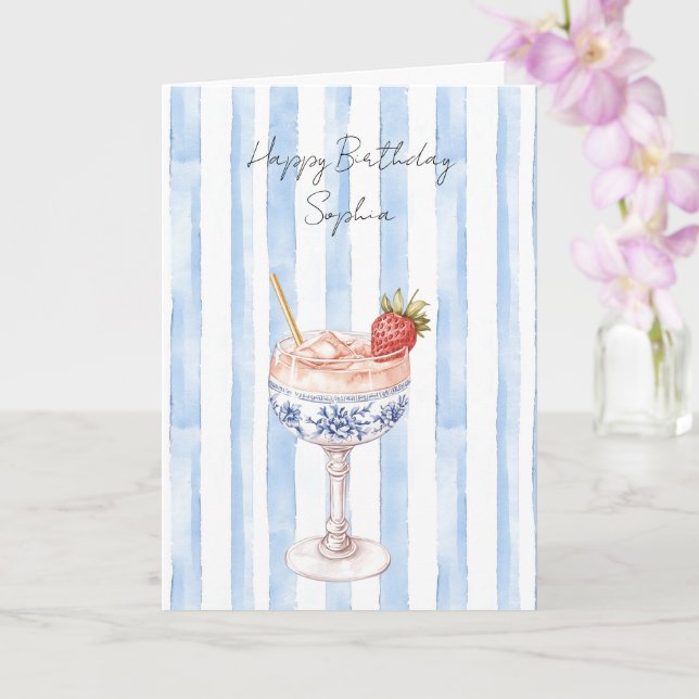 Carte Joyeux Anniversaire Fraise Rayures Blanches Bleues (Orchidée)