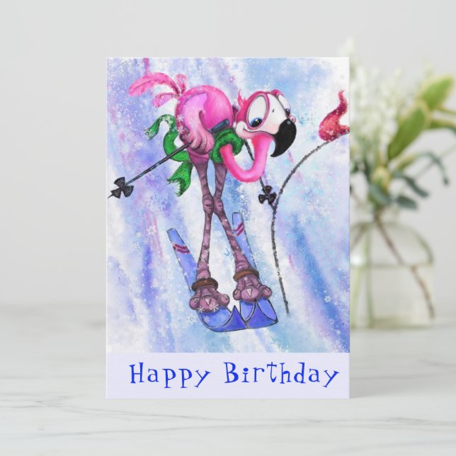 Carte Joyeux anniversaire - Funny Pink Flamant rose Skie (Debout devant)