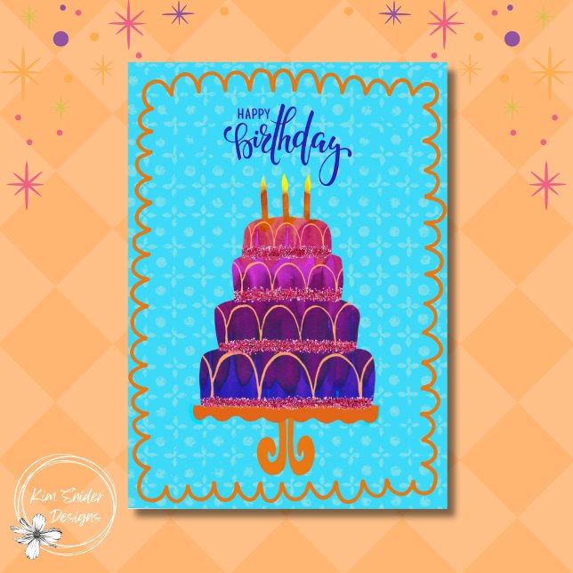 Carte "Joyeux anniversaire" Gâteau violet et rose aux bo (Créateur téléchargé)