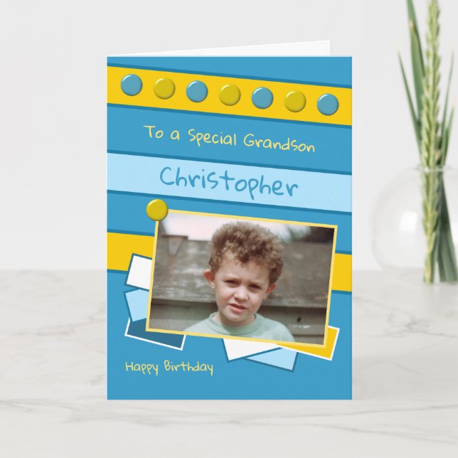 Carte Joyeux anniversaire Grand-fils bleu et jaune photo (Devant)