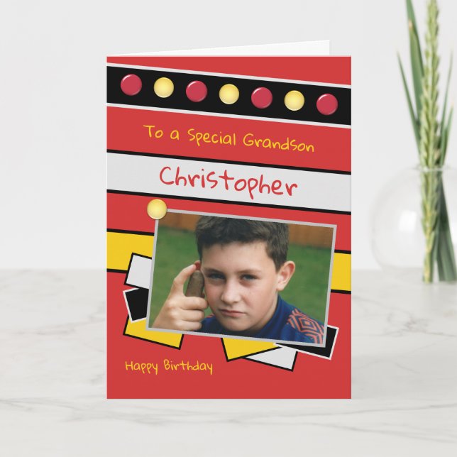 Carte Joyeux anniversaire grand-fils rouge et noir photo (Devant)