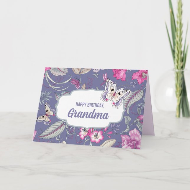 Carte Joyeux anniversaire, grand-mère. Fleurs et papillo (Devant)