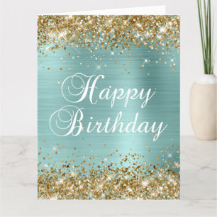 Carte Joyeux Anniversaire Grand Pailleté Or Turquoise Cl