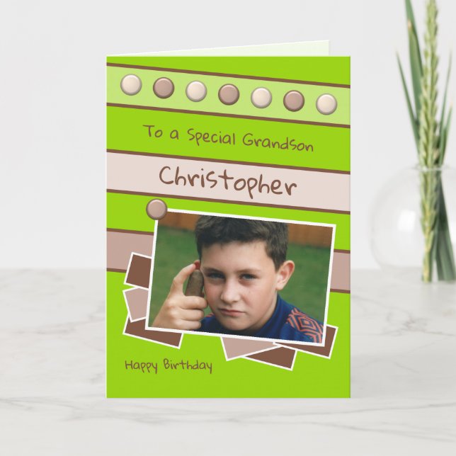 Carte Joyeux Anniversaire Grandson photo verte et brune (Devant)