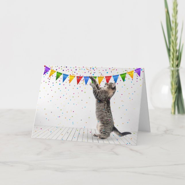 Carte Joyeux Anniversaire Gris Tabby Chat À Confetti (Devant)