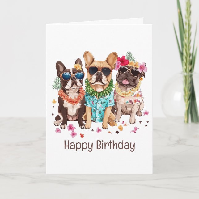 Carte Joyeux anniversaire Hawaiian France Bulldogs Flowe (Devant)