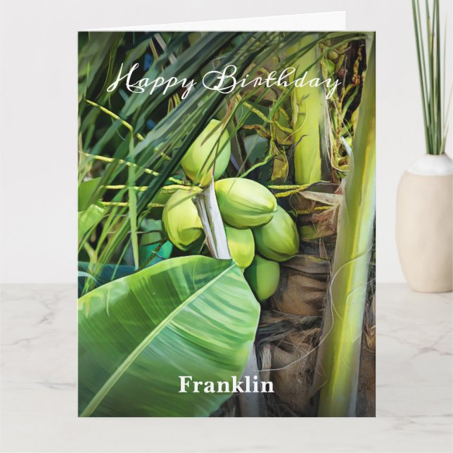 Carte Joyeux Anniversaire Hommes Cocotiers Arbres Tropic (Devant)