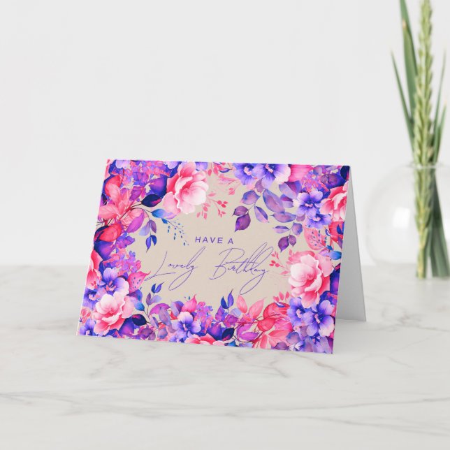 Carte Joyeux Anniversaire Jardin pourpre Champagne Flora (Devant)