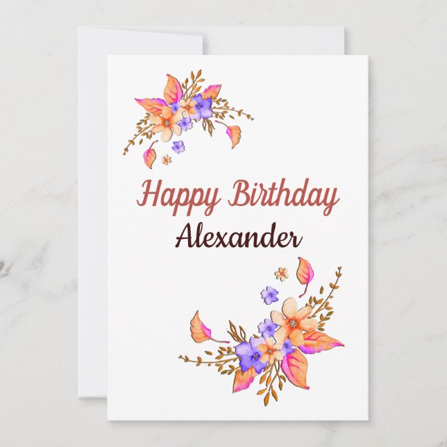Carte Joyeux Anniversaire Jaune Fleurs pourpres Aquarell (Devant)