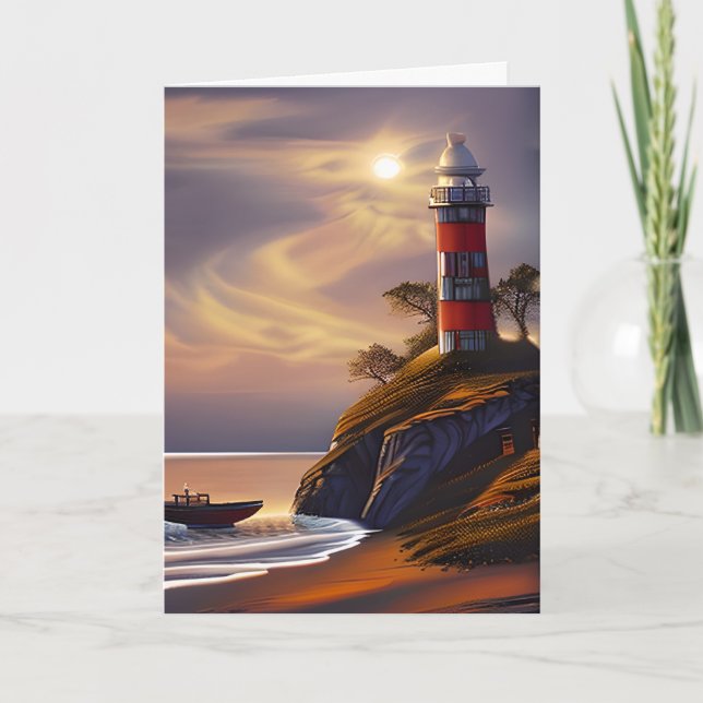 Carte Joyeux anniversaire | Joli phare et coucher de sol (Devant)