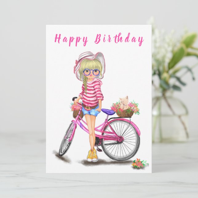 Carte Joyeux Anniversaire - Jolie Fille Blonde avec Vélo (Debout devant)