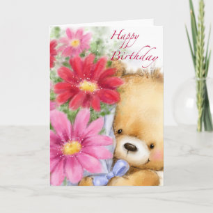 Carte Joyeux Anniversaire, Jolie Ours Tenant Des Fleurs.