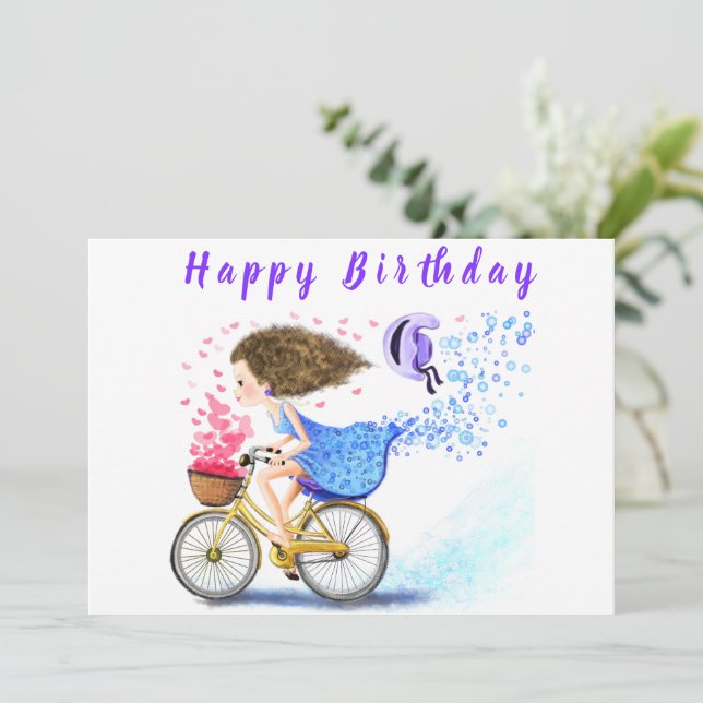 Carte Joyeux Anniversaire - Joyeuse Jeune Fille Sur Un V (Debout devant)