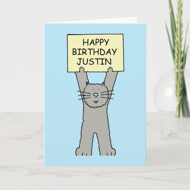 Carte Joyeux anniversaire Justin, chat de bande dessinée (Devant)