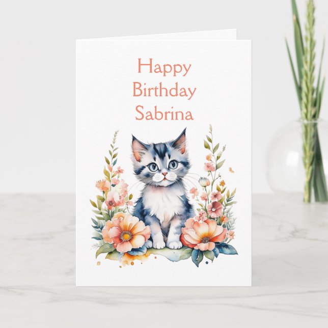 Carte Joyeux anniversaire | Kitten gris personnalisé (Devant)