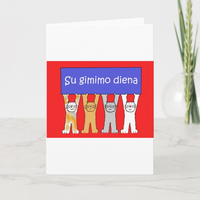 Carte Joyeux anniversaire lithuanien, chats de bande (Devant)