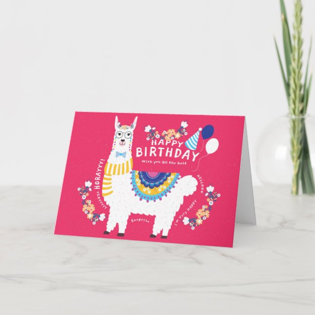 Carte Joyeux Anniversaire Llama Hot Rose (Devant)