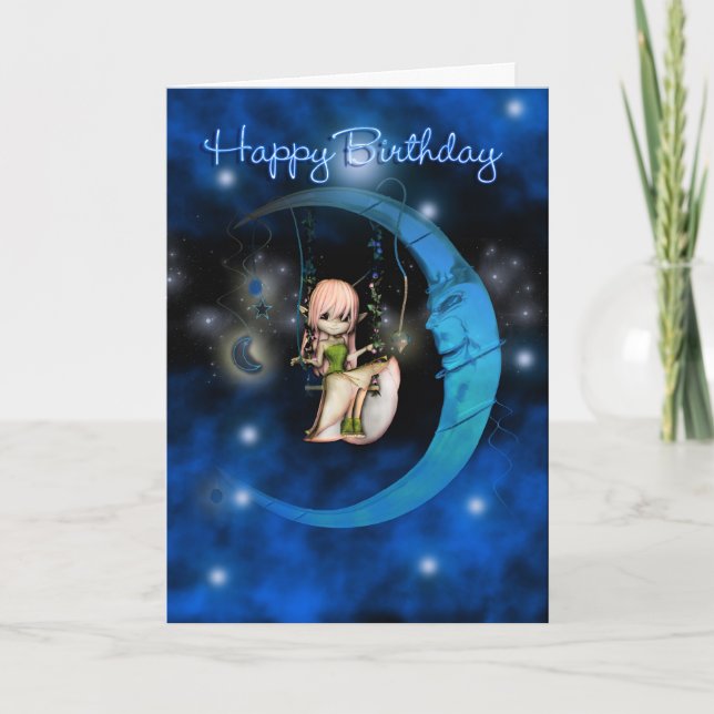 Carte Joyeux Anniversaire Lune Bleue Fée étoiles et ciel (Devant)
