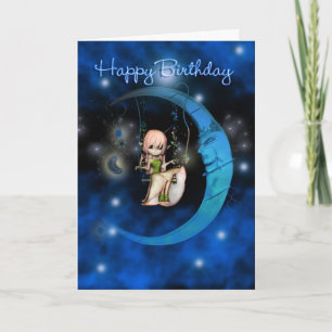 Carte Joyeux Anniversaire Lune Bleue Fée étoiles et ciel