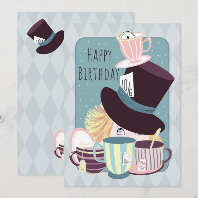 Carte Joyeux anniversaire Mad Hatter Tea Party (Devant / Derrière)
