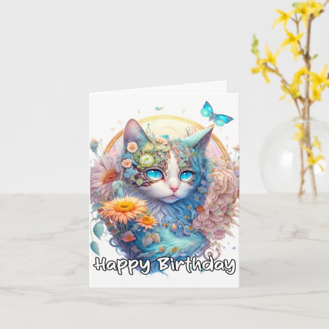 Carte Joyeux anniversaire Majestic Kitty Design de chat (Fleur jaune)