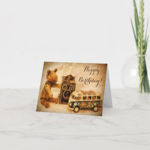 Carte Joyeux Anniversaire marron bois vintage jouets cam
