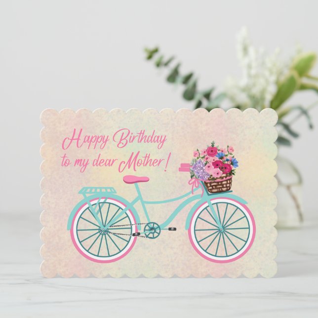 Carte Joyeux Anniversaire Mère Panier de fleurs Vélo (Debout devant)